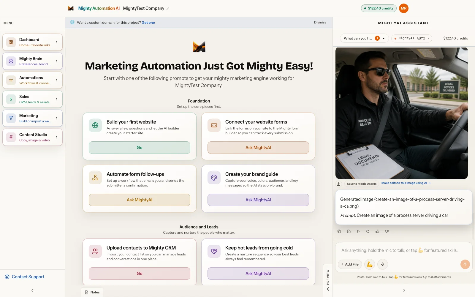 MightyAutomation dashboard home with the Core Four sections and MightyAI ready to take instructions